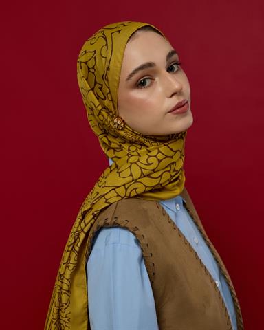 S-HAREM-44 Saf Sarı & Buhur Kahvesi Harem Rüyası Desen Şal