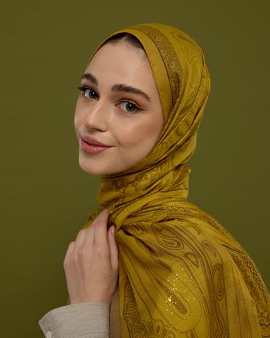 SV-HURREM-44 Saf Sarı & Buhur Kahvesi Hürrem Desen  Şal