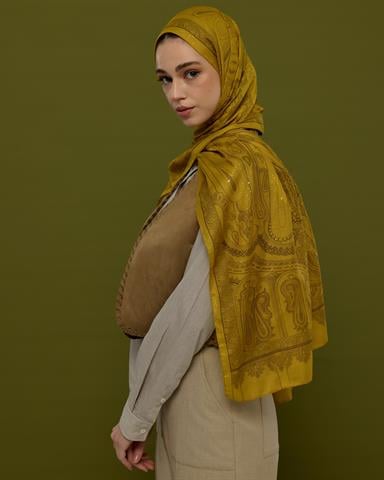 SV-HURREM-44 Saf Sarı & Buhur Kahvesi Hürrem Desen  Şal