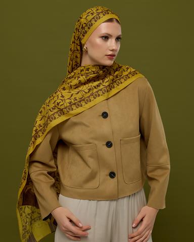 S-LALE-44 Saf Sarı & Buhur Kahvesi Lale Bahçesi Desen Şal