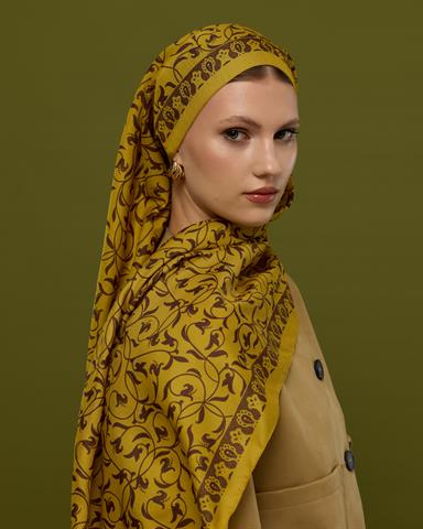 S-LALE-44 Saf Sarı & Buhur Kahvesi Lale Bahçesi Desen Şal