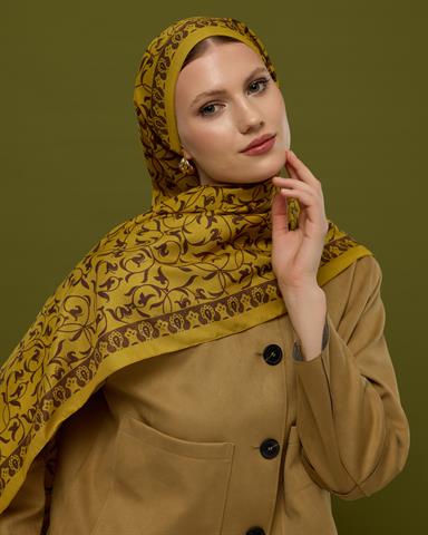 S-LALE-44 Saf Sarı & Buhur Kahvesi Lale Bahçesi Desen Şal