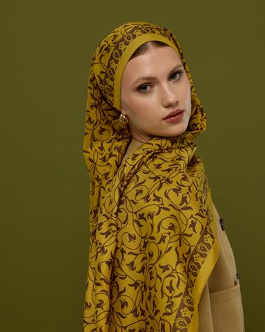 S-LALE-44 Saf Sarı & Buhur Kahvesi Lale Bahçesi Desen Şal