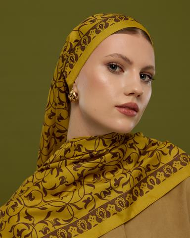 S-LALE-44 Saf Sarı & Buhur Kahvesi Lale Bahçesi Desen Şal