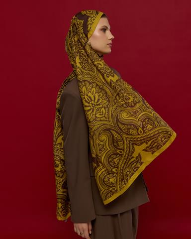 S-SULTANİ-44 Saf Sarı & Buhur Kahvesi Sultani Desen Şal