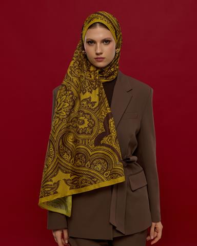 S-SULTANİ-44 Saf Sarı & Buhur Kahvesi Sultani Desen Şal