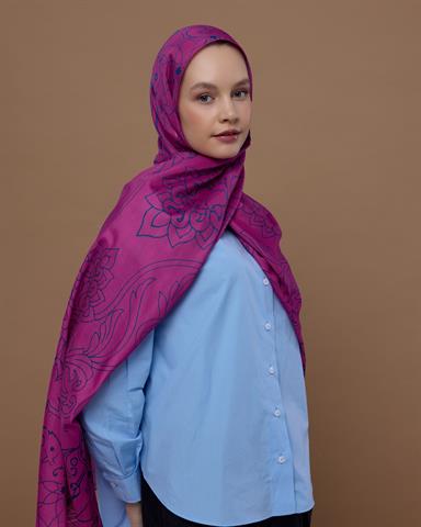 S-EFSUNLU-06 Şakayık Pembesi & Çini Mavisi Efsunlu Desen Şal