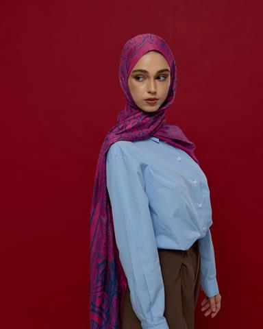 S-HAREM-06 Şakayık Pembesi & Çini Mavisi Harem Rüyası Desen Şal