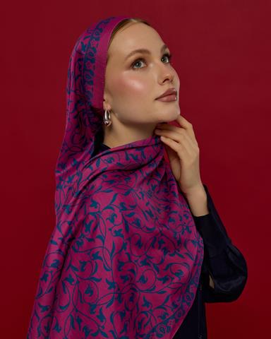 S-LALE-06 Şakayık Pembesi & Çini Mavisi Lale Bahçesi Desen Şal