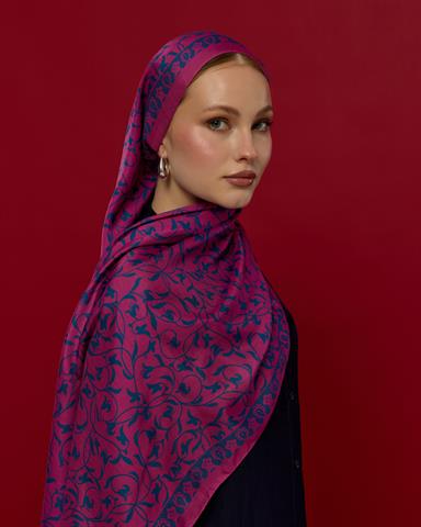 S-LALE-06 Şakayık Pembesi & Çini Mavisi Lale Bahçesi Desen Şal