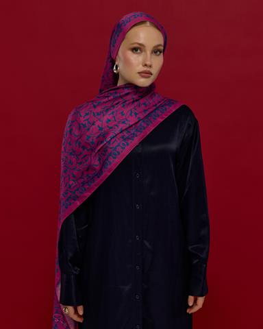 S-LALE-06 Şakayık Pembesi & Çini Mavisi Lale Bahçesi Desen Şal