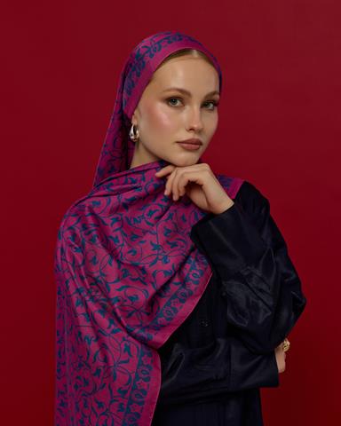 S-LALE-06 Şakayık Pembesi & Çini Mavisi Lale Bahçesi Desen Şal