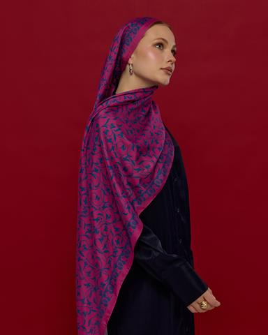 S-LALE-06 Şakayık Pembesi & Çini Mavisi Lale Bahçesi Desen Şal