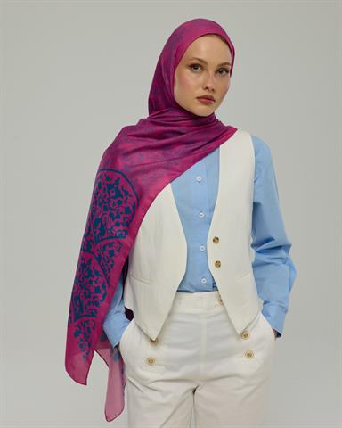S-SARAYLI-06 Şakayık Pembesi & Çini Mavisi Saraylı Desen Şal