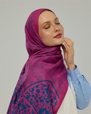S-SARAYLI-06 Şakayık Pembesi & Çini Mavisi Saraylı Desen Şal