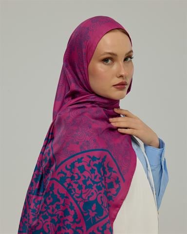 S-SARAYLI-06 Şakayık Pembesi & Çini Mavisi Saraylı Desen Şal