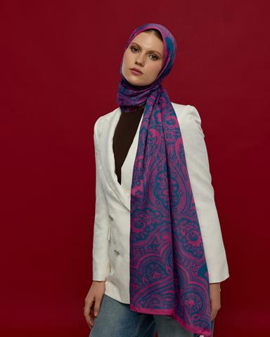 S-SULTANİ-06 Şakayık Pembesi & Çini Mavisi Sultani Desen Şal