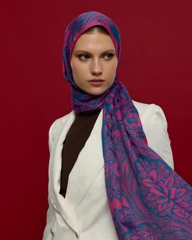 S-SULTANİ-06 Şakayık Pembesi & Çini Mavisi Sultani Desen Şal