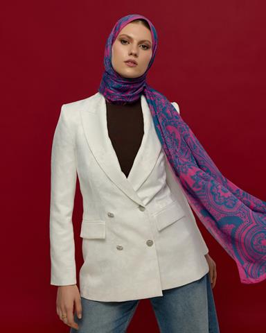S-SULTANİ-06 Şakayık Pembesi & Çini Mavisi Sultani Desen Şal