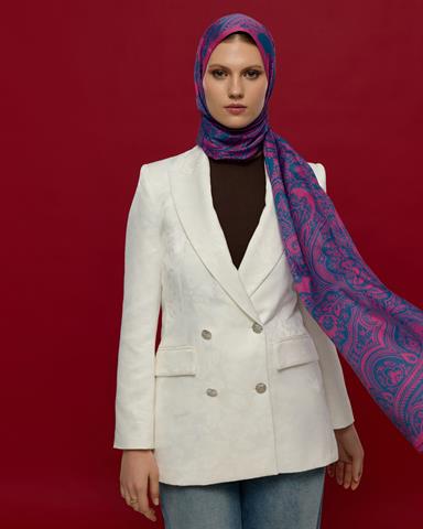 S-SULTANİ-06 Şakayık Pembesi & Çini Mavisi Sultani Desen Şal