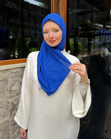 Saks Mavi Zikzak Lyocell Bambu Jakar Eşarp