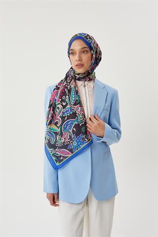 Saks Mavisi & Siyah Retro Desen Şal