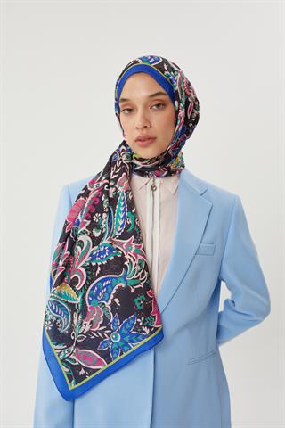 Saks Mavisi & Siyah Retro Desen Şal