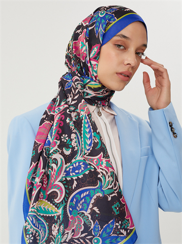 Saks Mavisi & Siyah Retro Desen Şal