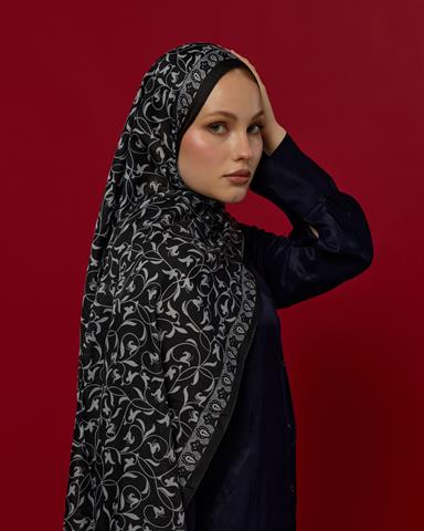 S-LALE-65 Siyah & İnci Lale Bahçesi Desen Şal