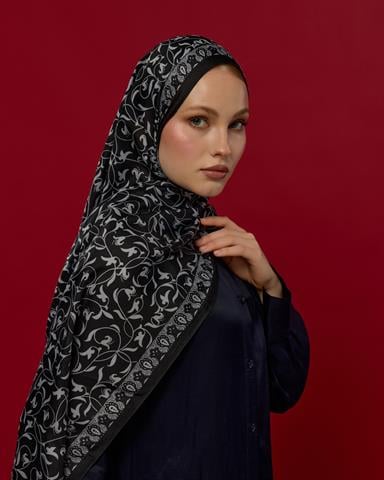 S-LALE-65 Siyah & İnci Lale Bahçesi Desen Şal