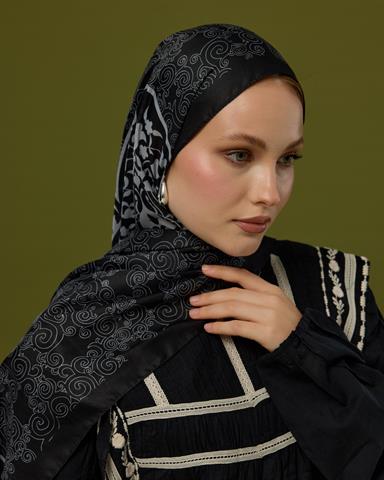 S-SARAYLI-65 Siyah & İnci Saraylı Desen Şal