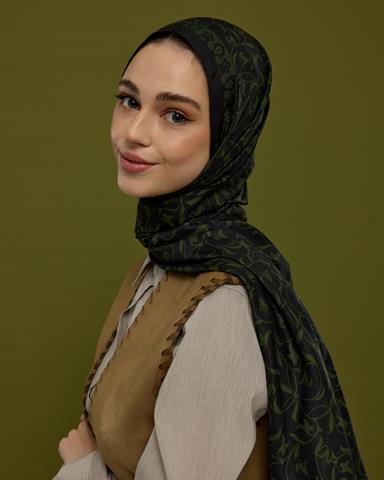 S-LALE-73 Siyah & Zeytin Lale Bahçesi Desen Şal