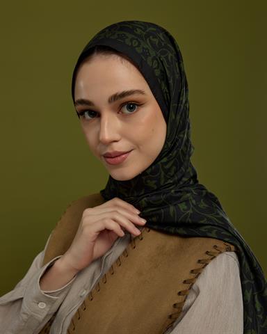 S-LALE-73 Siyah & Zeytin Lale Bahçesi Desen Şal