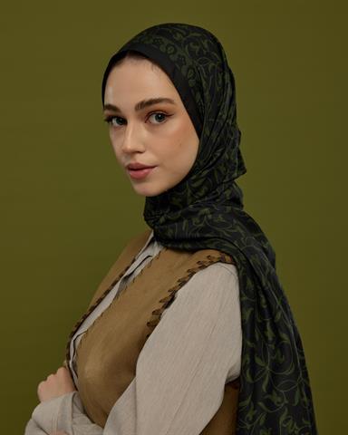 S-LALE-73 Siyah & Zeytin Lale Bahçesi Desen Şal