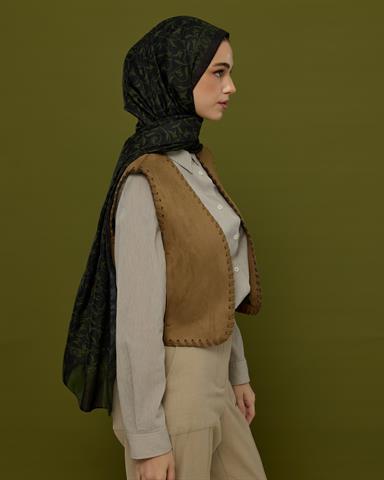 S-LALE-73 Siyah & Zeytin Lale Bahçesi Desen Şal