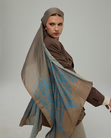 S-SARAYLI-52 Tarçın Dumanı & Çakıl Mavisi Saraylı Desen Şal