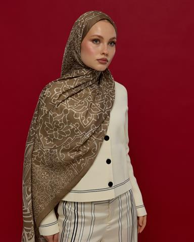 S-HAREM-15 Toprak & Krem Fısıltı Harem Rüyası Desen Şal