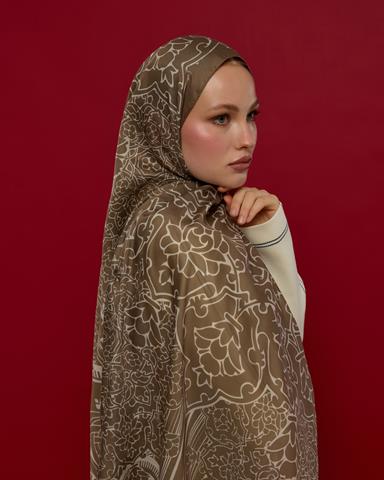 S-HAREM-15 Toprak & Krem Fısıltı Harem Rüyası Desen Şal