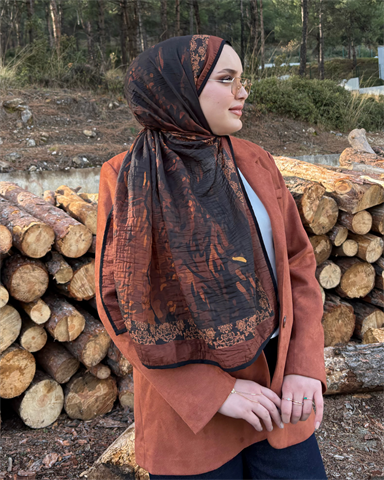 Tozlu Kahve Cevher Desenli Müslin Şal