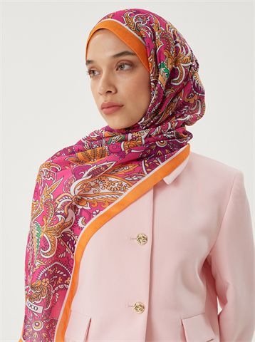 Turuncu & Fuşya Retro Desen Şal