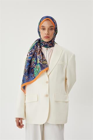 Turuncu & Lacivert Retro Desen Şal
