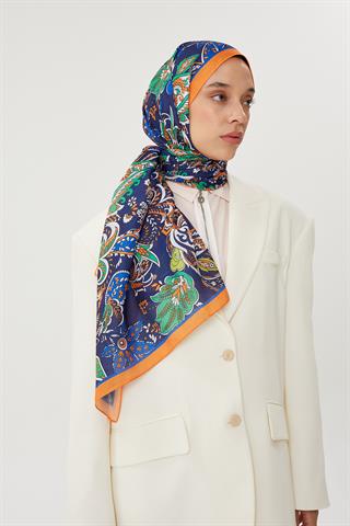 Turuncu & Lacivert Retro Desen Şal