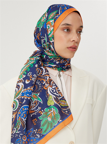 Turuncu & Lacivert Retro Desen Şal