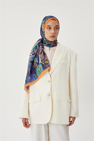 Turuncu & Lacivert Retro Desen Şal
