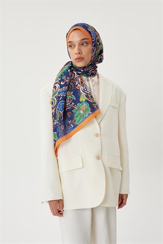 Turuncu & Lacivert Retro Desen Şal