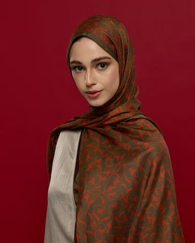 S-LALE-17 Zeytin Kabuğu & Tarçın Işıltısı Lale Bahçesi Desen Şal