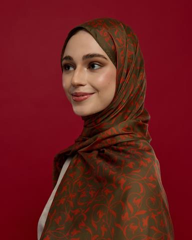 S-LALE-17 Zeytin Kabuğu & Tarçın Işıltısı Lale Bahçesi Desen Şal