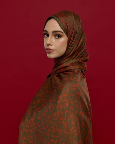 S-LALE-17 Zeytin Kabuğu & Tarçın Işıltısı Lale Bahçesi Desen Şal