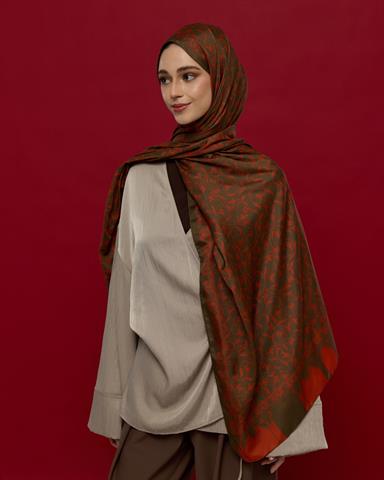 S-LALE-17 Zeytin Kabuğu & Tarçın Işıltısı Lale Bahçesi Desen Şal