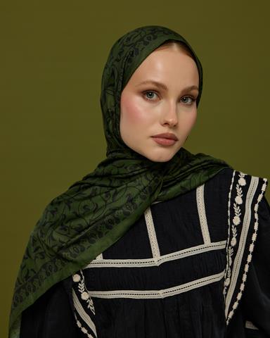 S-LALE-74 Zeytin & Siyah Lale Bahçesi Desen Şal
